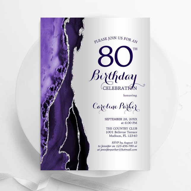 Invitación Elegante Silver Purple Agate 80 cumpleaños (Subido por el creador)