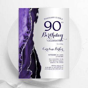 Invitación Elegante Silver Purple Agate 90 cumpleaños