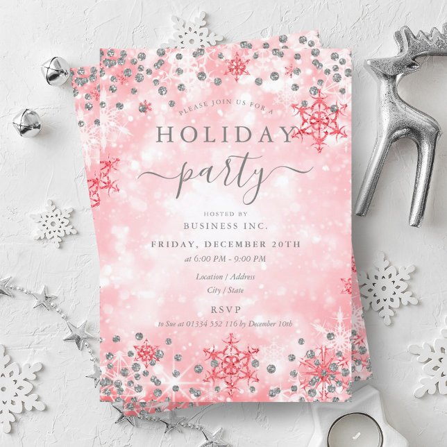 Invitación Elegante Silver Red Xmas Winter Company Holiday (Elegant Silver Red Xmas Winter Company Holiday Invitation)