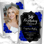 Invitación Elegante Silver Royal Blue Photo 50 cumpleaños<br><div class="desc">Elegante invitación de 50 años floral femenina con tu foto al fondo de la tarjeta. Diseño de vidrio con plata falsa. Presenta rosas de color azul real, fuente de escritura y confeti. Perfecto para un elegante fiesta de celebración de cumpleaños. Personaliza con tus propios detalles. ¡Se puede personalizar para cualquier...</div>