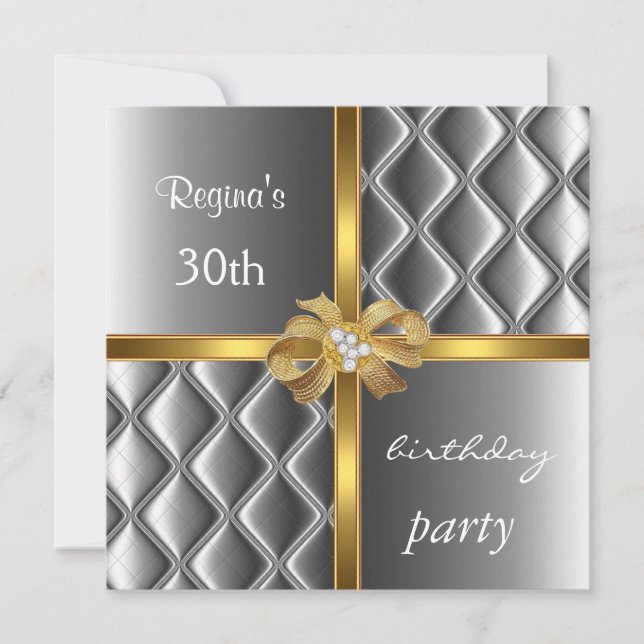 Invitación Elegante Silver Seda Dorada Bow Diamant (Anverso)