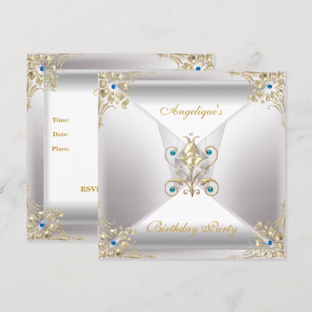 Invitación Elegante Silver White Gold Blue Jewday (Anverso / Reverso)