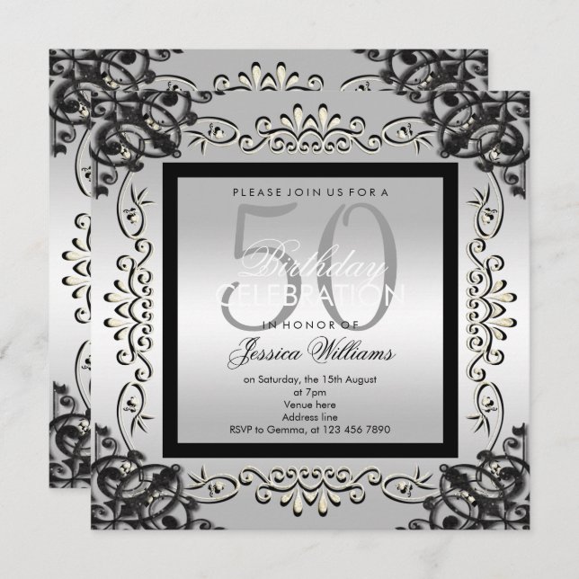 Invitación Elegante Silver y Black Women's 50th Birthday (Anverso / Reverso)