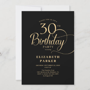 Invitación Elegante Simple Black Gold Script 30 cumpleaños