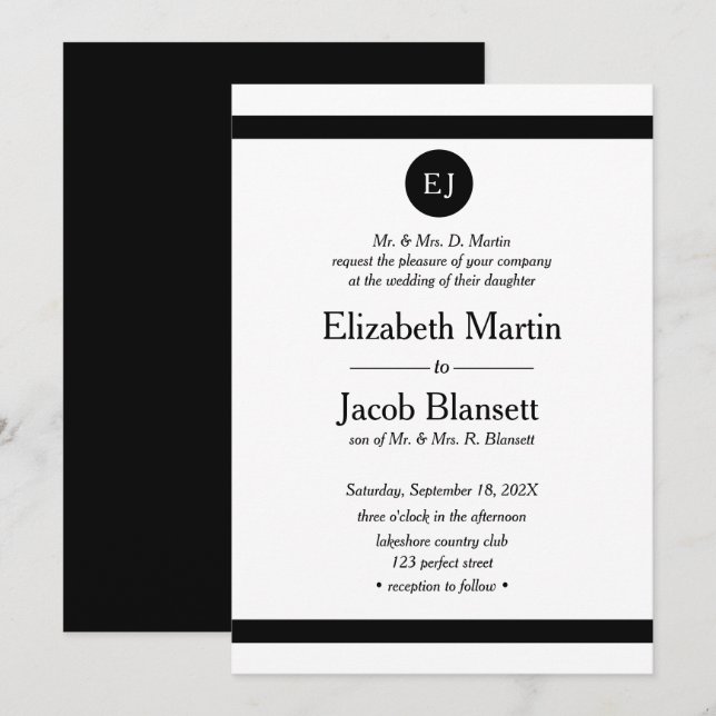 Invitación Elegante simple Boda blanco y negro (Anverso / Reverso)