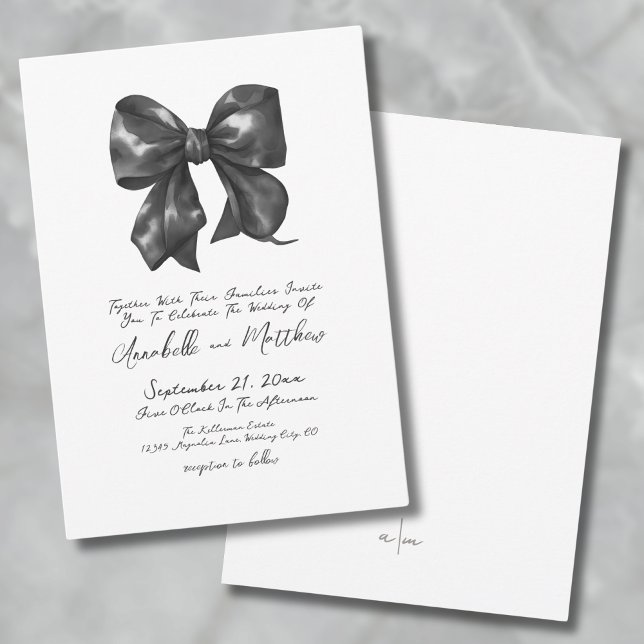 Invitación Elegante Simple Boda con Lazo Negro (Elegant Simple Handwritten Black Bow Wedding Invitation)