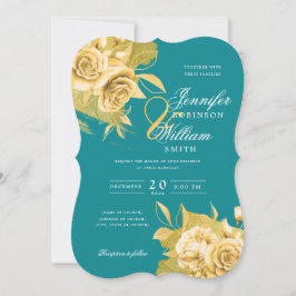 Invitación Elegante simple Boda Dorada Floral y Relieve metal