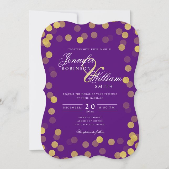Invitación Elegante simple Boda Oro Purple Confetti (Anverso)