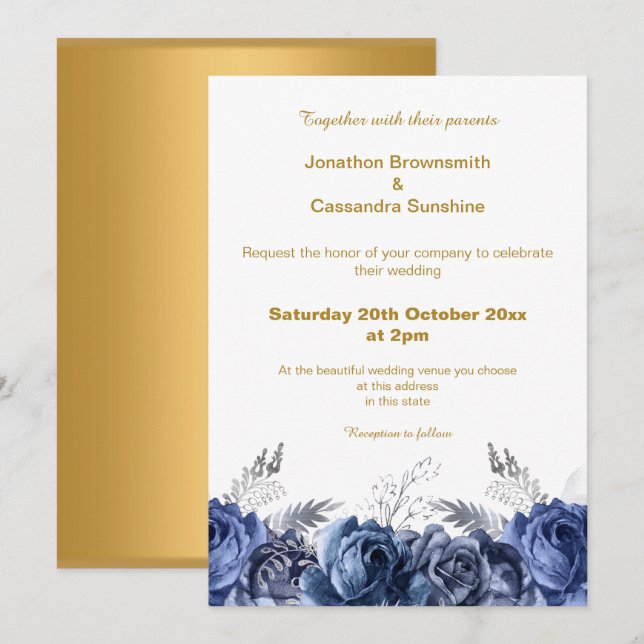 INVITACIÓN ELEGANTE SIMPLE BODA SENCILLO DE FLORES AZULES DE  (Anverso / Reverso)