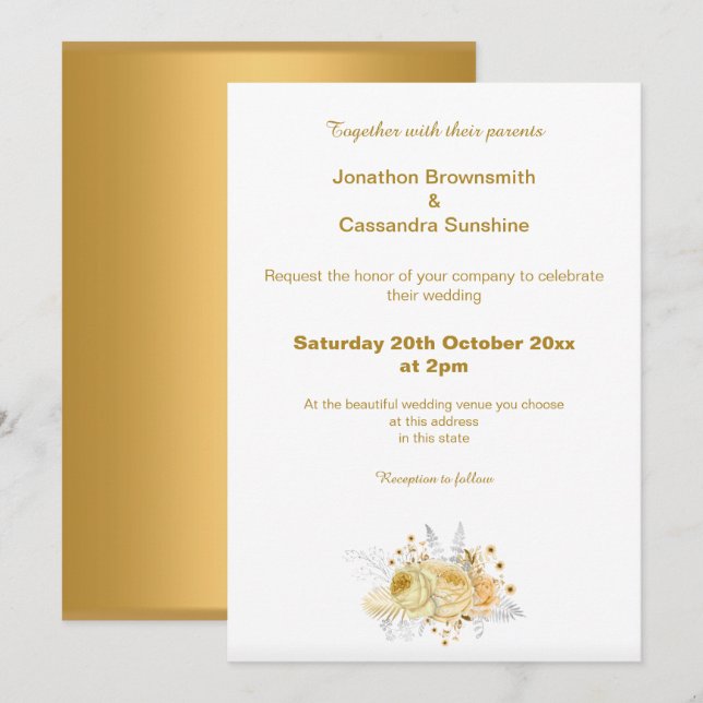 INVITACIÓN ELEGANTE SIMPLE BODA SENCILLO DE FLORES DE ORO (Anverso / Reverso)
