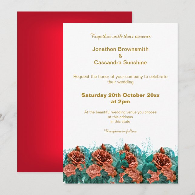 INVITACIÓN ELEGANTE SIMPLE BODA SENCILLO DE FLORES ROJOS DE O (Anverso / Reverso)