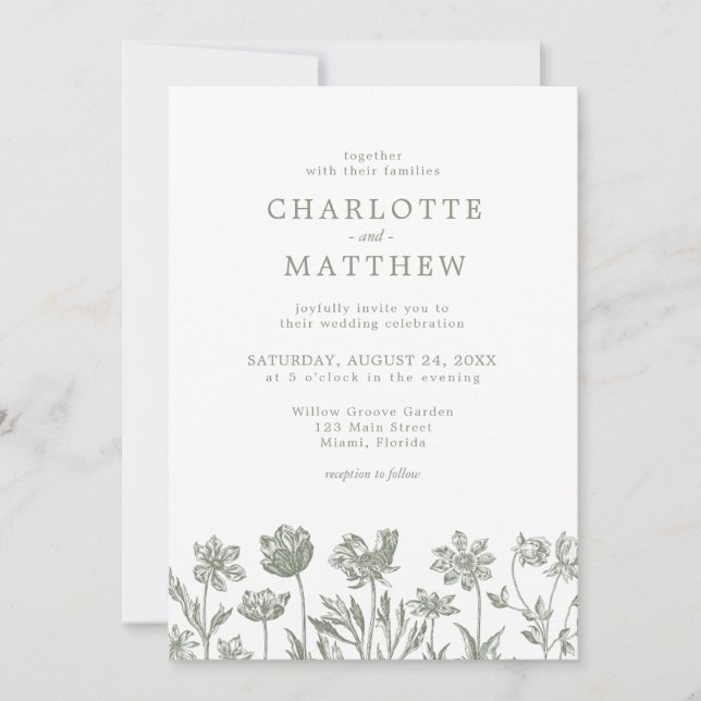 Invitación Elegante simple Boda verde de flor salvaje (Anverso)