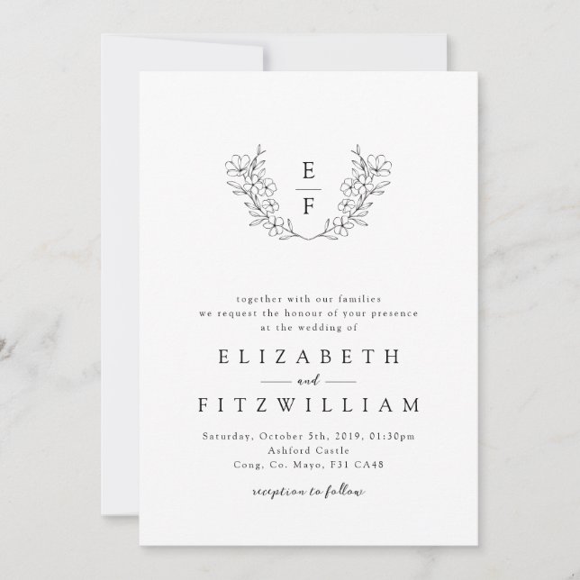 Invitación Elegante Simple Cerezo Blossom Monograma Wreath (Anverso)