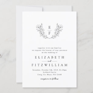 Invitación Elegante Simple Cerezo Blossom Monograma Wreath