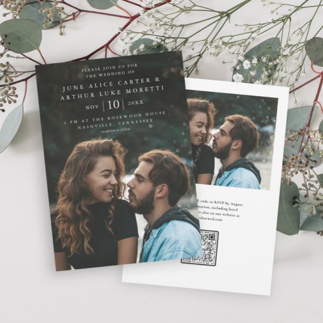 Invitación Elegante Simple Código QR de Foto RSVP Boda  (Simple type photo wedding invitation with QR Code RSVP on the back.)