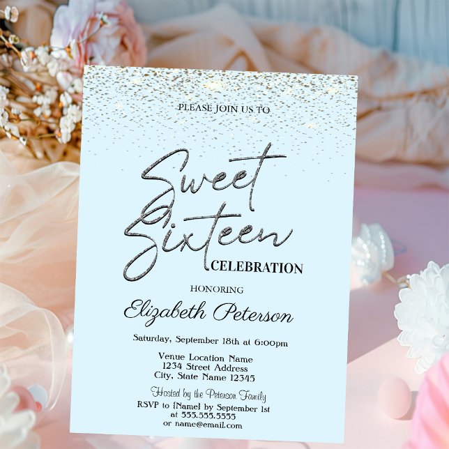 Invitación Elegante Simple Confeti Azul Claro Dulces 16 (Subido por el creador)