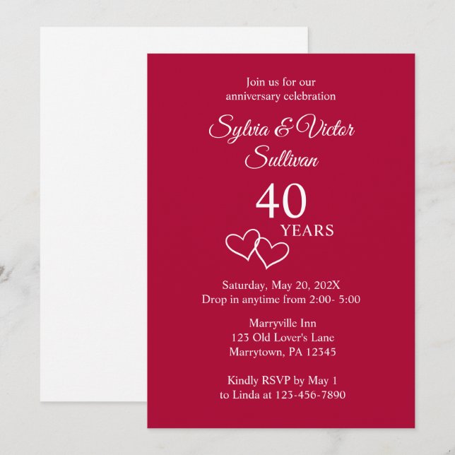 Invitación Elegante Simple Cumpleaños Personalizado Ruby 40 A (Anverso / Reverso)