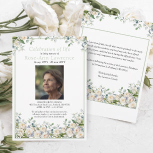 Invitación Elegante Simple Eucalipto Rosa Blanca Foto Funeral