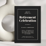 Invitación Elegante simple Fiesta de Jubilación Negro<br><div class="desc">Sencilla, moderna y elegante, esta invitación del Partido de la Jubilación tiene un atractivo sofisticado. Un fondo negro con un texto beige de marfil claro enmarcado por un borde de línea delgada que combina los detalles de tu evento con el estilo contemporáneo. La plantilla de texto moderna es fácil de...</div>