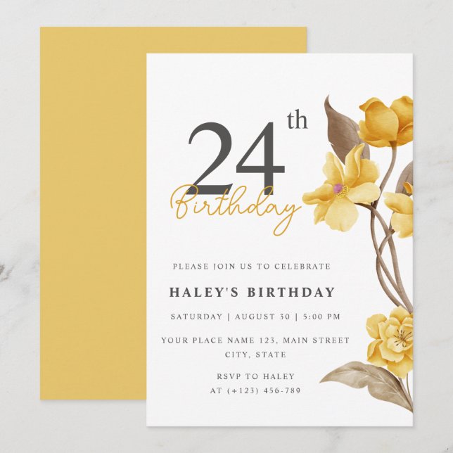 Invitación Elegante Simple Floral Amarillo Cumpleaños 24 (Anverso / Reverso)