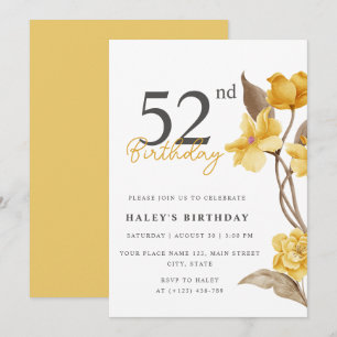 Invitación Elegante Simple Floral Amarillo Cumpleaños 52