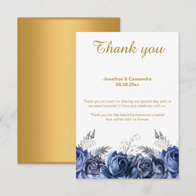INVITACIÓN ELEGANTE SIMPLE FLORAL AZUL ORO INVERSO GRACIAS (Anverso / Reverso)