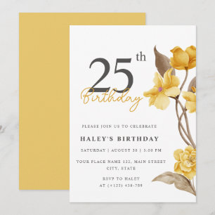 Invitación Elegante Simple Floral Chic Cumpleaños 25 Amarillo