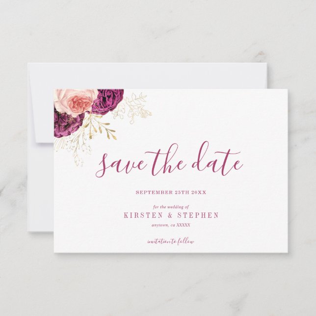 Invitación Elegante simple floral de Rubor borgoña salva la f (Anverso)