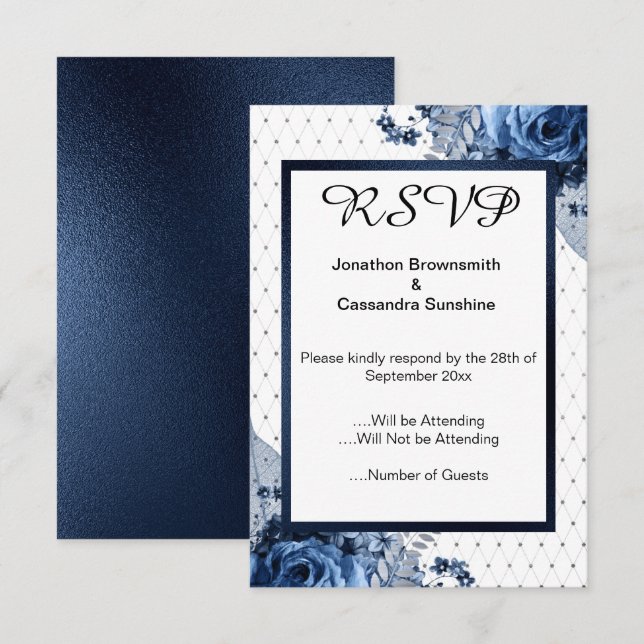 INVITACIÓN ELEGANTE SIMPLE FLORAL NAVY PATTERN RSVP (Anverso / Reverso)