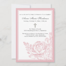 Invitación Elegante Simple Floral Rosa Primera Comunión Santa