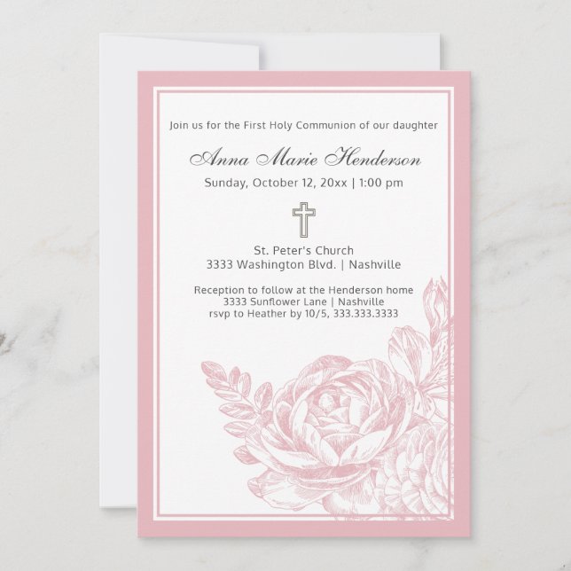 Invitación Elegante Simple Floral Rosa Primera Comunión Santa (Anverso)