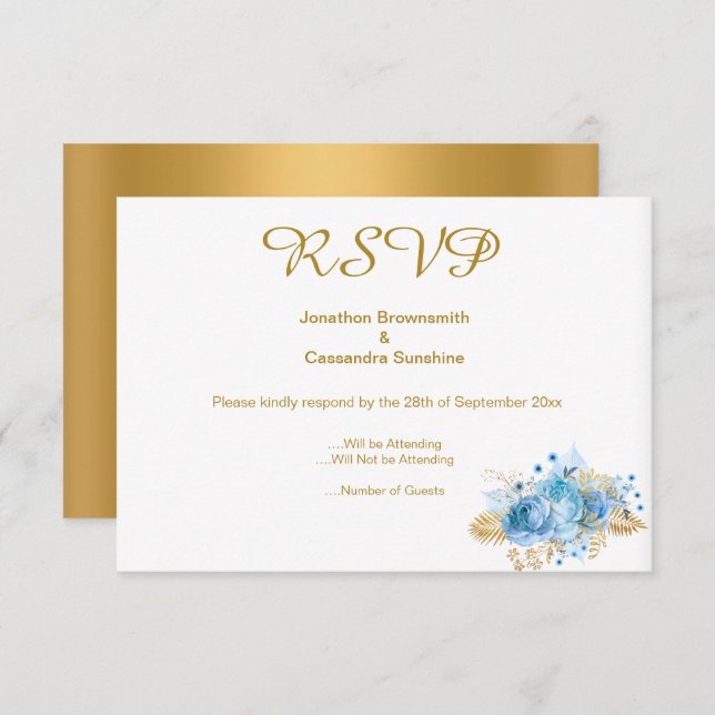 INVITACIÓN ELEGANTE SIMPLE GOL AZUL FLORAL ORO RSVP (Anverso / Reverso)
