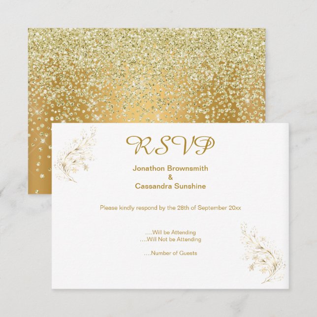 INVITACIÓN ELEGANTE SIMPLE GOLD LEAF GOLD CRYSTAL REVERSO RSV (Anverso / Reverso)