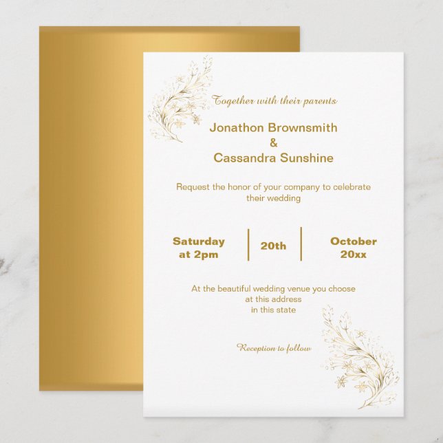 INVITACIÓN ELEGANTE SIMPLE GOLD LEAF REVERSO BODA (Anverso / Reverso)