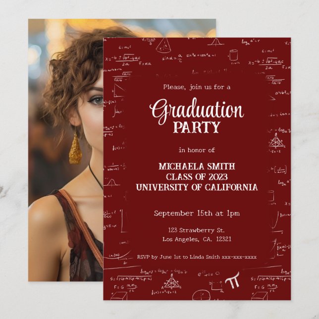 Invitación Elegante Simple Granate Foto Matemáticas Graduació (Anverso / Reverso)