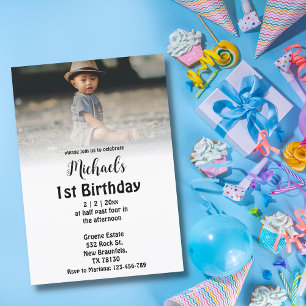Invitación elegante simple guion foto niño primer cumpleaños