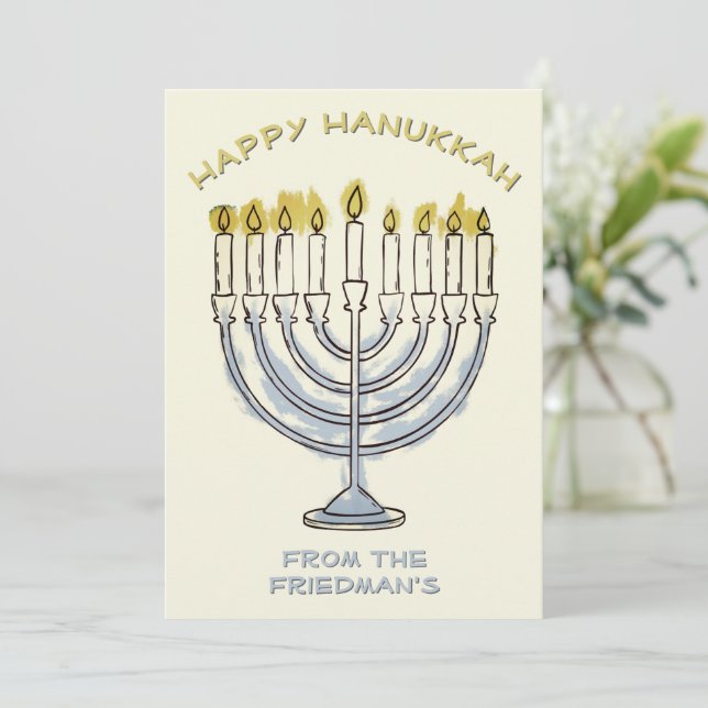 Invitación Elegante Simple Hanukka Acuarela Menorah Luz (Anverso de pie)