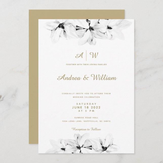 Invitación Elegante simple Magnolia Gold Moda floral Boda (Anverso / Reverso)