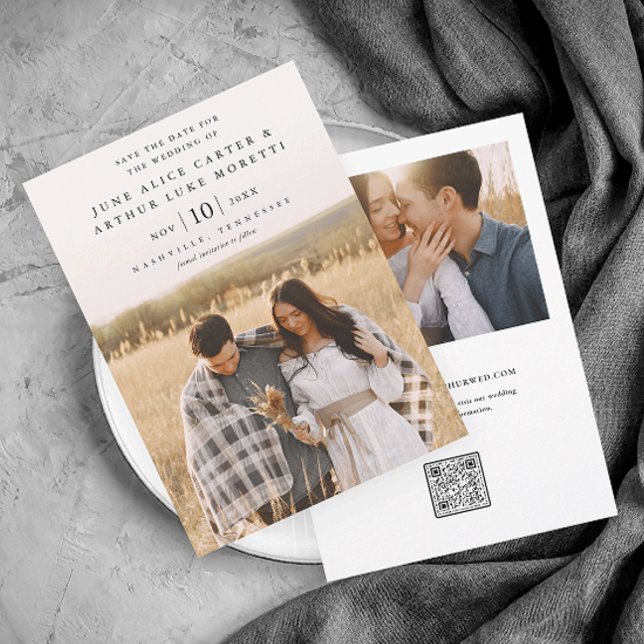 Invitación Elegante simple matrimonio de fotos salva la fecha (Simple Elegant Photo Wedding Save the Date Card with QR Code.)