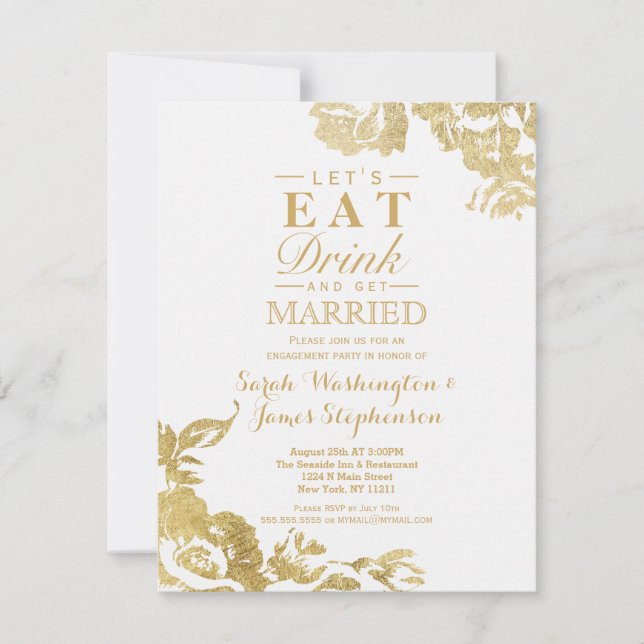 Invitación Elegante Simple Moderno Rosa Floral Gold Engagemen (Anverso)
