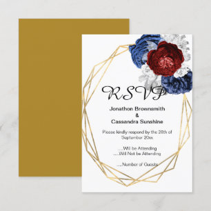 INVITACIÓN ELEGANTE SIMPLE NAVY FLORAL ROJO ORO RSVP