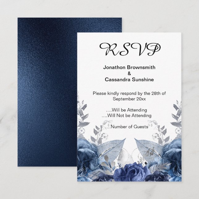 INVITACIÓN ELEGANTE SIMPLE NAVY FLORAL RSVP (Anverso / Reverso)