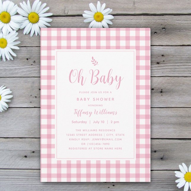 Invitación Elegante simple Oh Baby Pink Gingham Baby Shower (Subido por el creador)