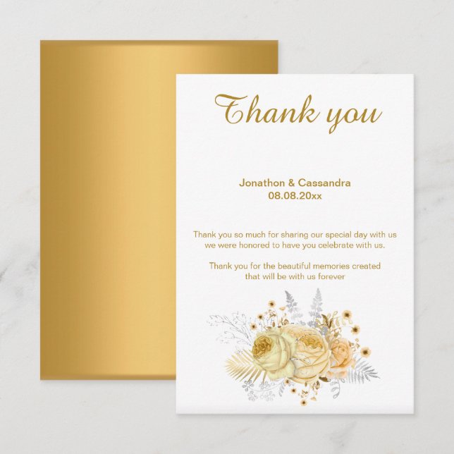 INVITACIÓN ELEGANTE SIMPLE ORO FLORAL ORO REVERSO GRACIAS (Anverso / Reverso)