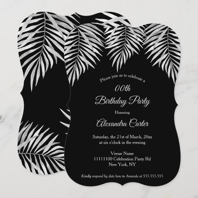 Invitación Elegante Simple palmas grises negras Fiesta de cum (Anverso / Reverso)