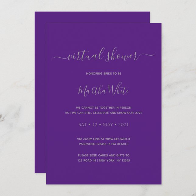 Invitación Elegante simple plata púrpura virtual ducha de nov (Anverso / Reverso)