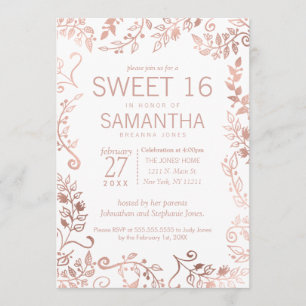 Invitación Elegante simple rosa blanco dorado dulce de flores