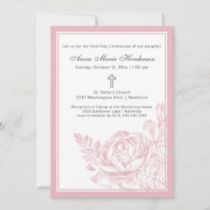 Invitación Elegante Simple Rosa Floral Primera Comunión