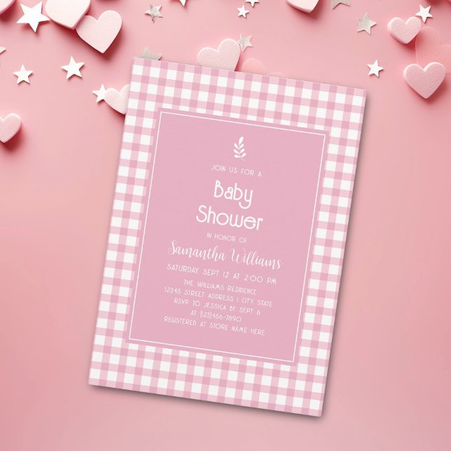Invitación Elegante simple rosa Gingham Plaid Chica Baby Show (Subido por el creador)