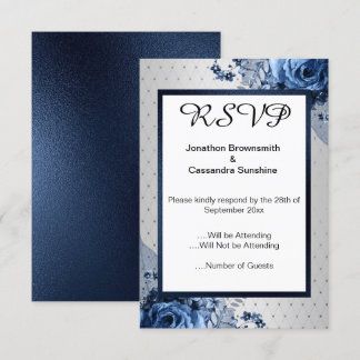 INVITACIÓN ELEGANTE SIMPLE RSVP FLORAL NAVY SILVER